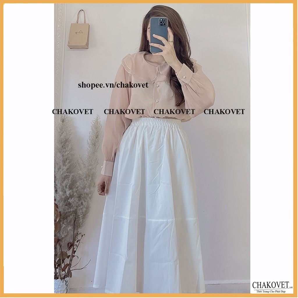 Áo sơ mi nữ cổ sen đính khuy ngọc cka821, kiểu áo công sở thanh lịch sang trọng