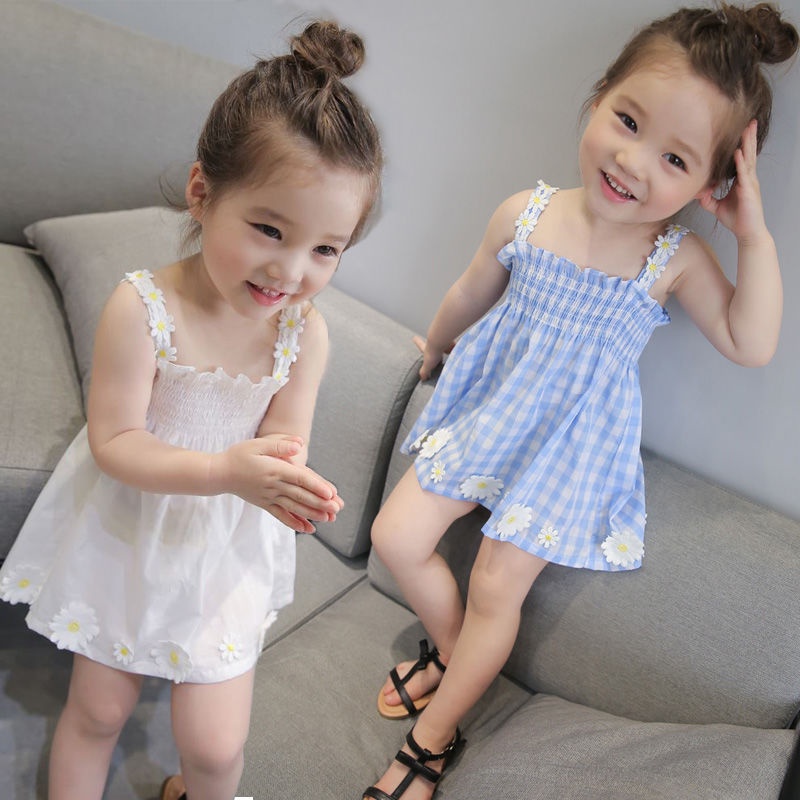 Đầm công chúa 2 dây họa tiết caro phối hoa thời trang cho bé gái