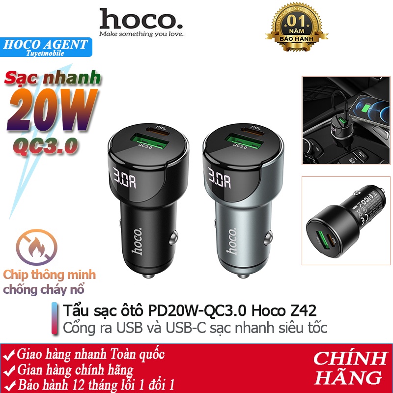 Tẩu sạc nhanh ôtô Hoco Z42 sạc PD20W, QC3.0 có đèn LED hiển thị, 2 cổng USB - Chính hãng