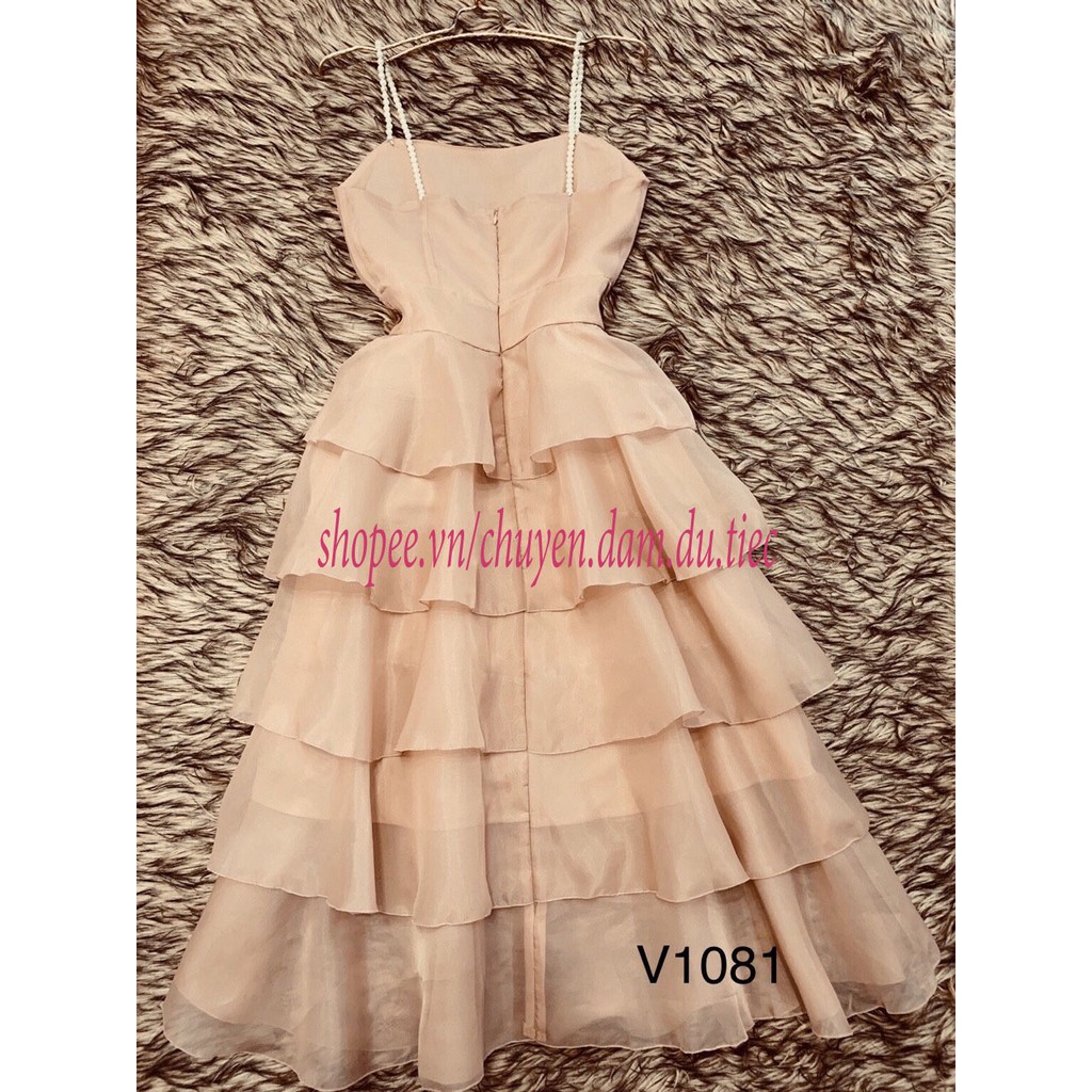 Đầm dự tiệc V1081 Váy hai dây ngọc 5 tầng  Màu be size S, M, L