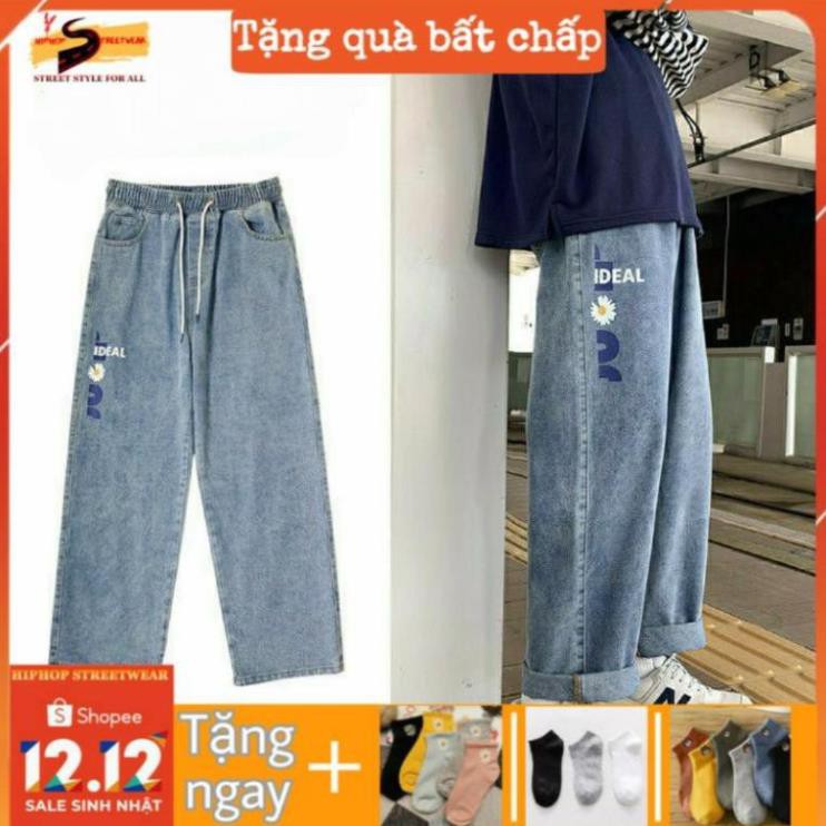 Quần Jeans Ống Rộng Hoa Cúc Nam Nữ Cạp Chun Phong Cách HIPHOP STREETWEAR Ulzzang Style dễ phối đồ  ཾ ་