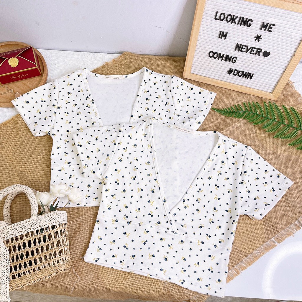 FREESHIP Áo thun nữ tay ngắn họa tiết hoa nhí xinh xắn cổ V phối đắp chéo lạ xinh chất thun cotton dày dặn