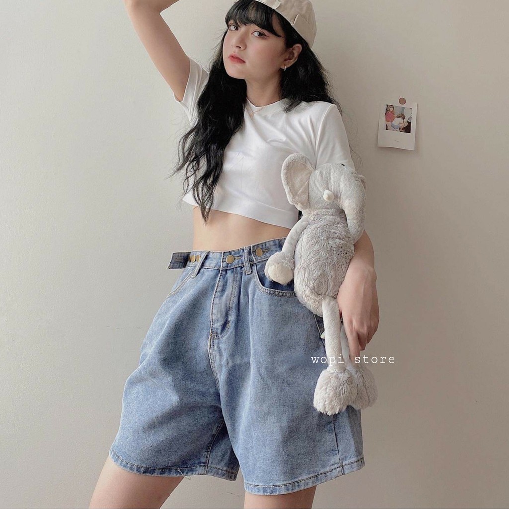 Quần Short Jeans Ngố Bò Nút Hông Ulzzang (2 Màu)