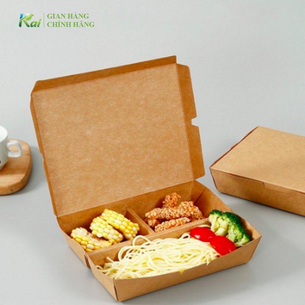 25 - 50 Hộp giấy Kraft 3 hoặc 4 ngăn cao cấp, đựng thức ăn, thực phẩm, cơm mang đi..., có cán màng PE bên trong, GIÁ SỈ