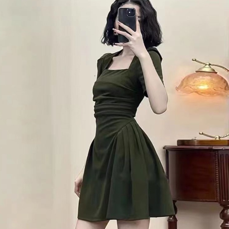 Đầm Cổ Vuông Màu Đen Trơn Thời Trang Mùa Hè Xinh Xắn Cho Nữ