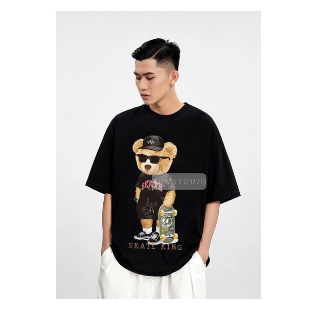 Áo thun cotton hình Gấu SKATE KING siêu ngầu, Áo gấu đáng yêu. Áo đôi nam nữ hình gấu kiểu dáng from rộng unisex đẹp