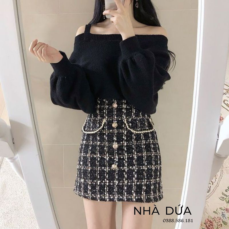 (video kèm hình thật) Chân váy chữ A dạ tweed cao cấp màu đen quảng châu loại 1 có 2 túi siêu xinh chất đẹp dễ phối đồ