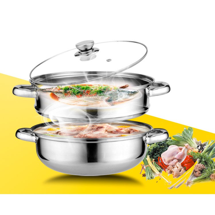 Nồi Nấu Hấp Đa Năng 2 Tầng Inox Không Gỉ 28CM Nắp Kiếng Sang Trọng Cao Cấp Loại Dày