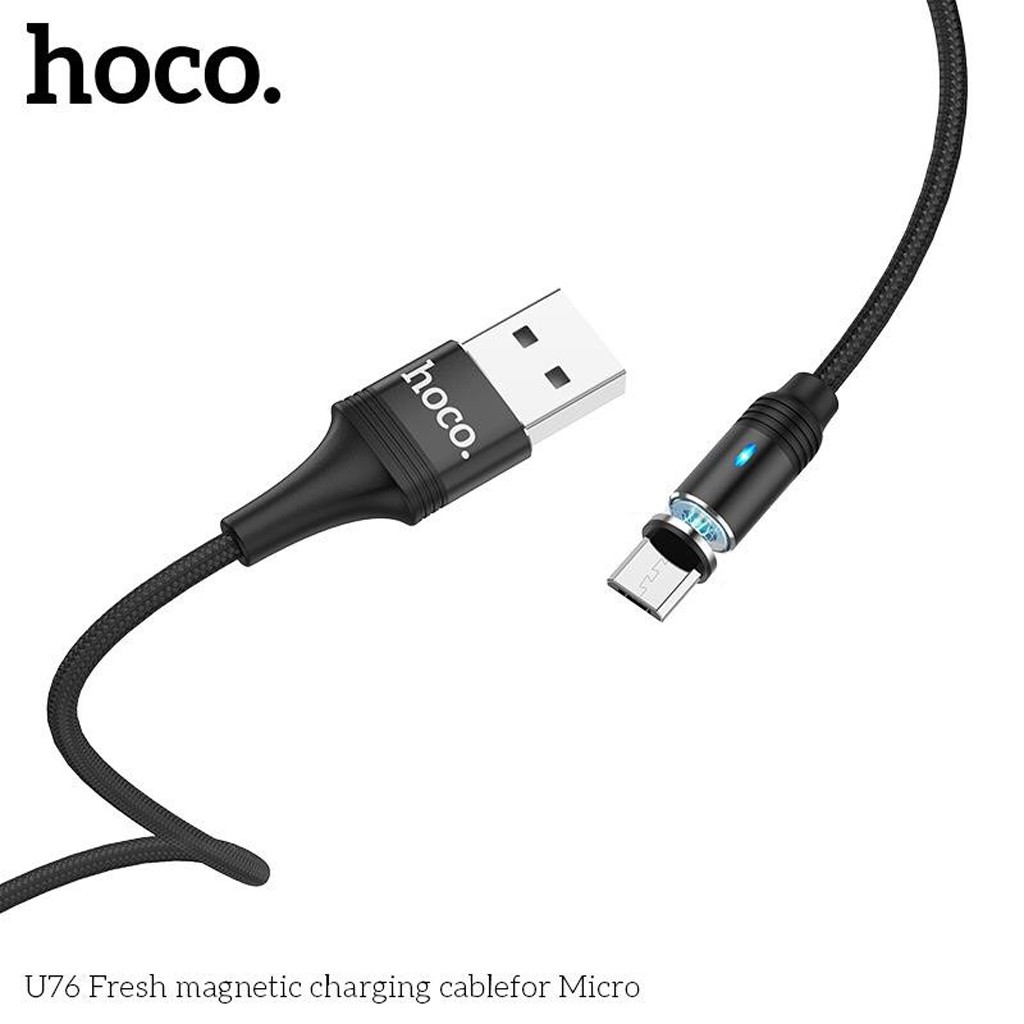 Cáp sạc nam châm Hoco U76 Micro USB sạc nhanh tối đa 2A, hỗ trợ truyền dữ liệu, có đèn LED, dây bọc dù, dài 1.2m