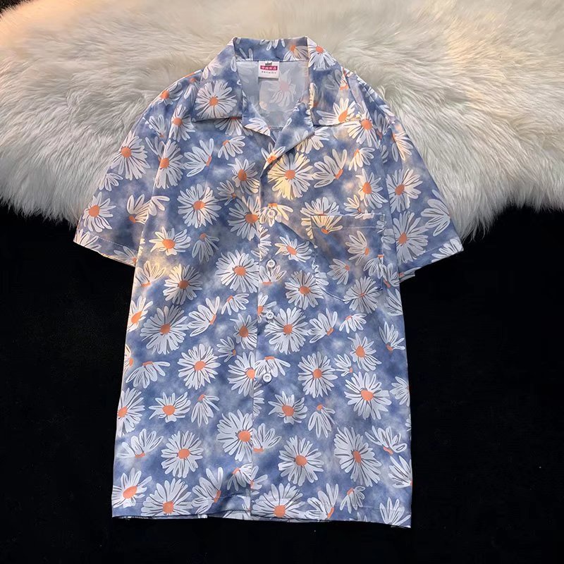 Áo Sơ Mi Đen Tay Ngắn Dáng Rộng In Họa Tiết Hoa Cúc Phong Cách Hàn Quốc Thời Trang Mùa Hè Cho Nam 2022