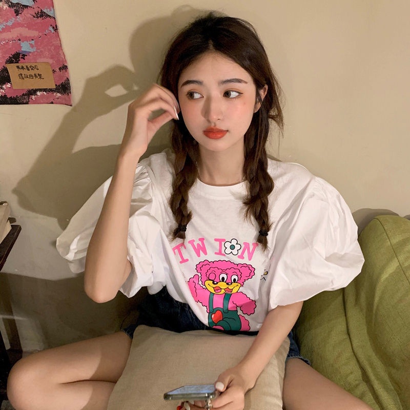 Áo thun tay ngắn phồng dáng rộng in họa tiết hoạt hình dễ thương phong cách retro thời trang mùa hè dành cho nữ