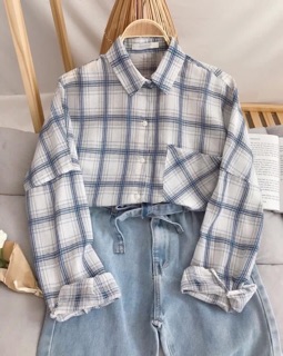 Áo sơ mi oversize caro trắng