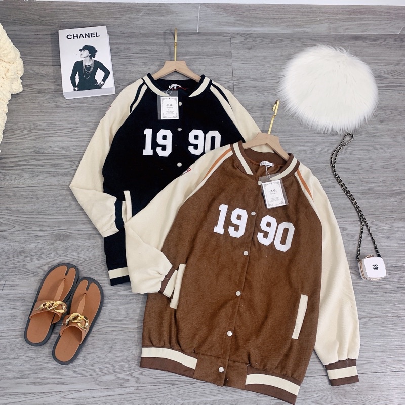 Áo bomber 1990 Áo Khoác Bóng Chày Chất Nhung Tăm Màu Đen Nâu Phối Thể Thao