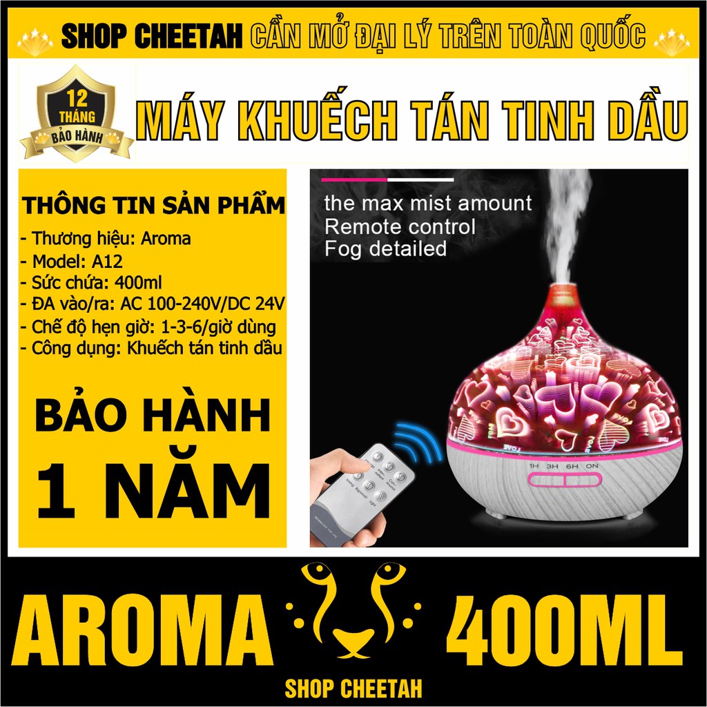 (A12-400ml) Máy khuếch tán tinh dầu Aroma – Kiểu Bình hoa 3D – Chế độ Led 7 màu – Bảo hành 1 năm