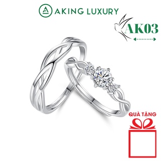 Nhẫn đôi AKING LUXURY AK03 cao cấp, nhẫn bạc nam trơn uốn lượn, nhẫn bạc nữ điểm xuyến đá tinh tế,