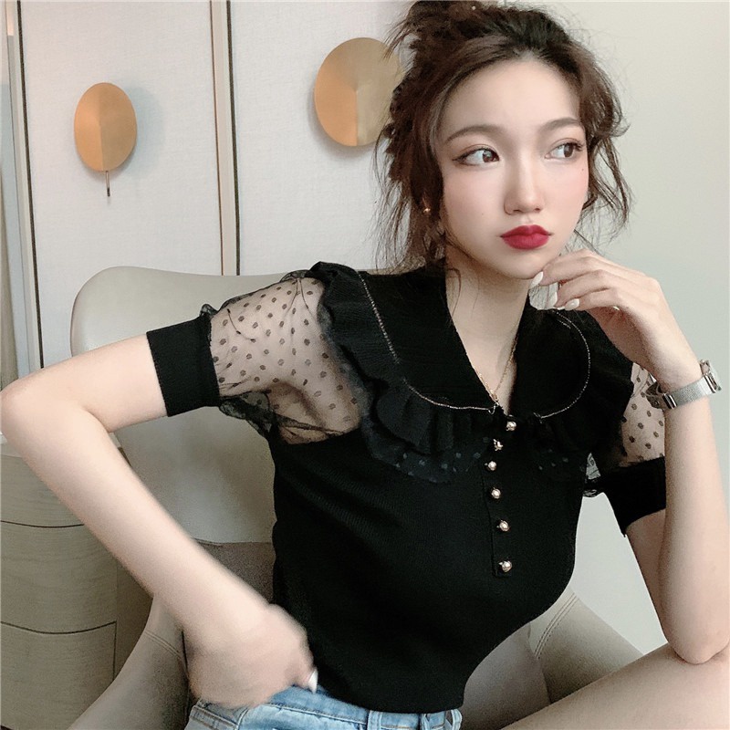 Áo thun ZHELIHANGFEI tay ngắn phồng cổ búp bê phối lưới thời trang mùa hè 2022 xinh xắn cho nữ