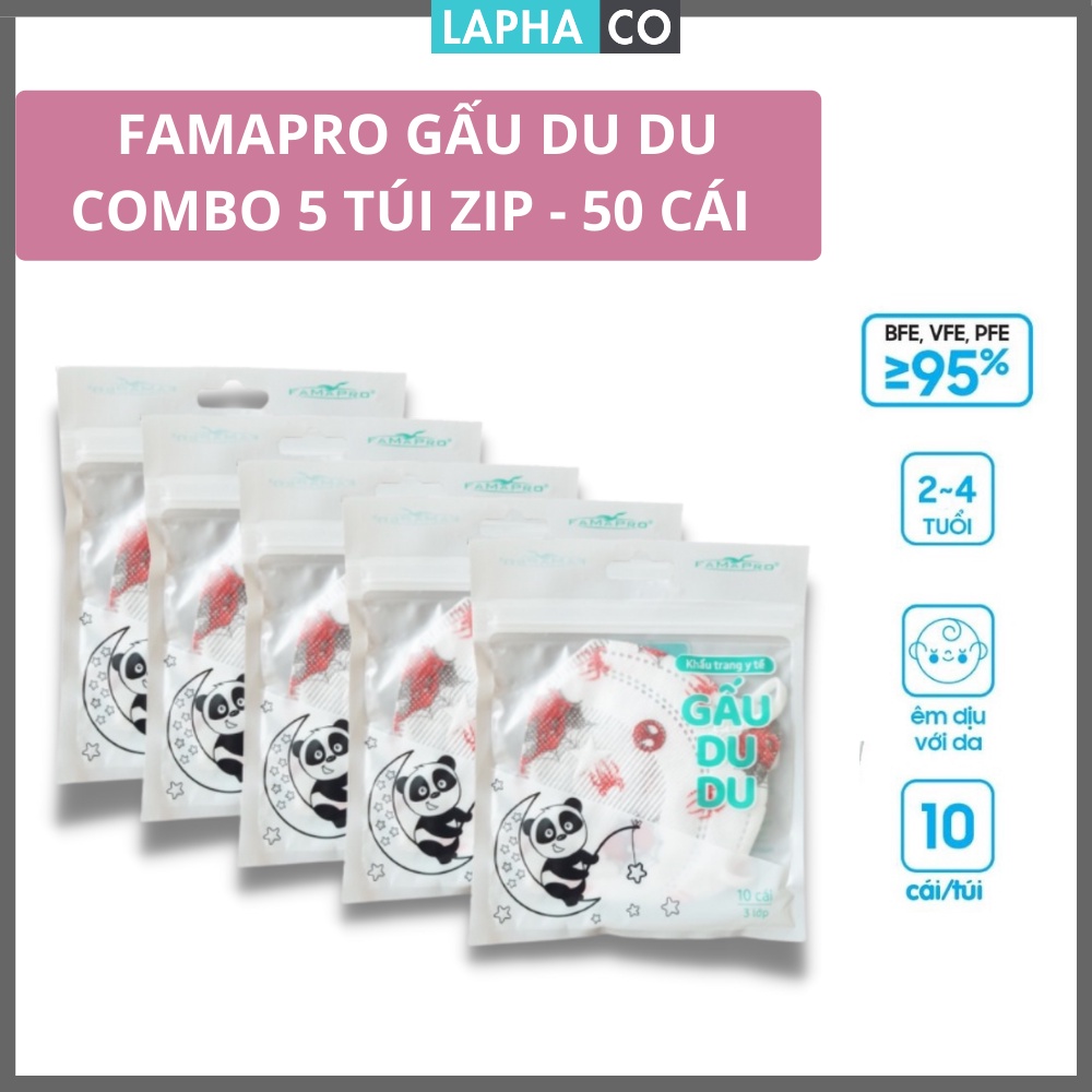 [ GẤU DU DU NAM ANH - COMBO 5 TÚI - 50CÁI] Khẩu trang trẻ em 3d Gấu Du Du Famapro Kháng giọt bắn, Kháng khuẩn