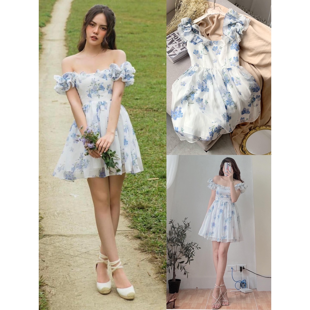 Đầm Váy Trễ Vai Hoa Xanh Đầm Bẹt Vai