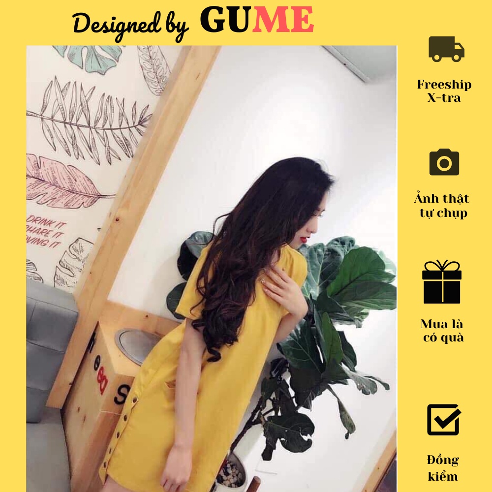 Đầm Bầu Công Sở - Váy Bầu GUME màu Vàng dáng suông phối hàng cúc chất vải đũi hàn size từ 40-100kg MB90