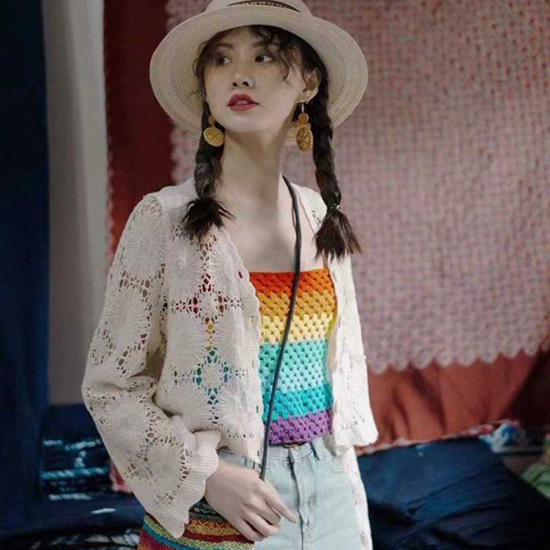 Brroa Áo Croptop Dệt Kim Hai Dây Màu Cầu Vồng Ngọt Ngào Phong Cách Boho Mùa Hè Cho Nữ