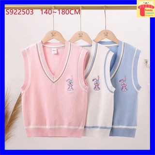 Áo len gile bé gái size đại 7-16 tuổi cổ tim viền kẻ thêu thỏ, Gile len cho bé đanh sợi không bai xù dáng thời trang