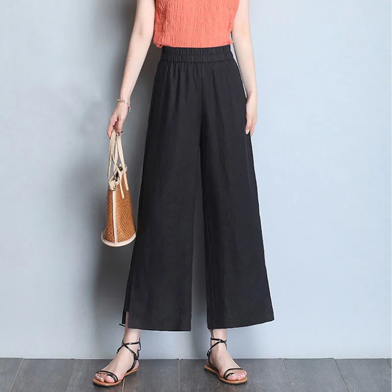 Quần Ống Rộng Vải Lanh Cotton Plus Size Cho Nữ