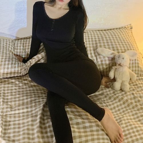 Bộ Đồ Lót Hai Mảnh Áo Cổ Chữ U Tay Dài Co Giãn Giữ Ấm Thời Trang Thu Đông Cho Nữ