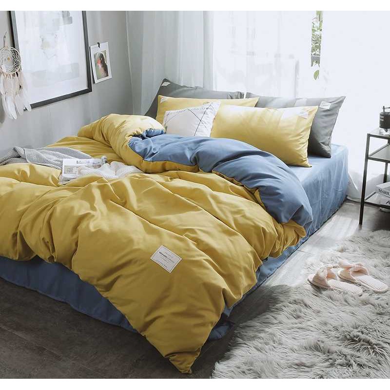 BỘ CHĂN GA GỐI COTTON TICI CAO CẤP ( CHĂN ĐÃ TRẦN BÔNG)  XANH DƯƠNG VÀNG - ĐỦ KÍCH THƯỚC