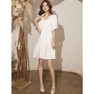 Đầm váy freesize trắng cổ V xếp li