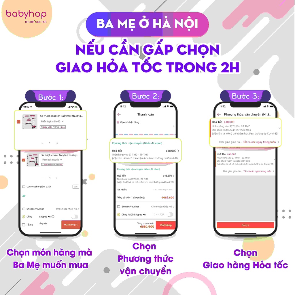 Xe scooter cho bé Babyfast thương hiệu Babyhop sử dụng từ 1,5 tuổi 3 bánh to phát sáng vĩnh cửu gấp gọn chịu lực 100kg