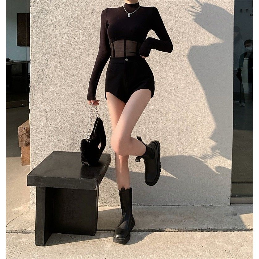 Net irregular chic spicy girls' slim blouse + high waist to show slim wide-legged shorts two suits are fashionable for women