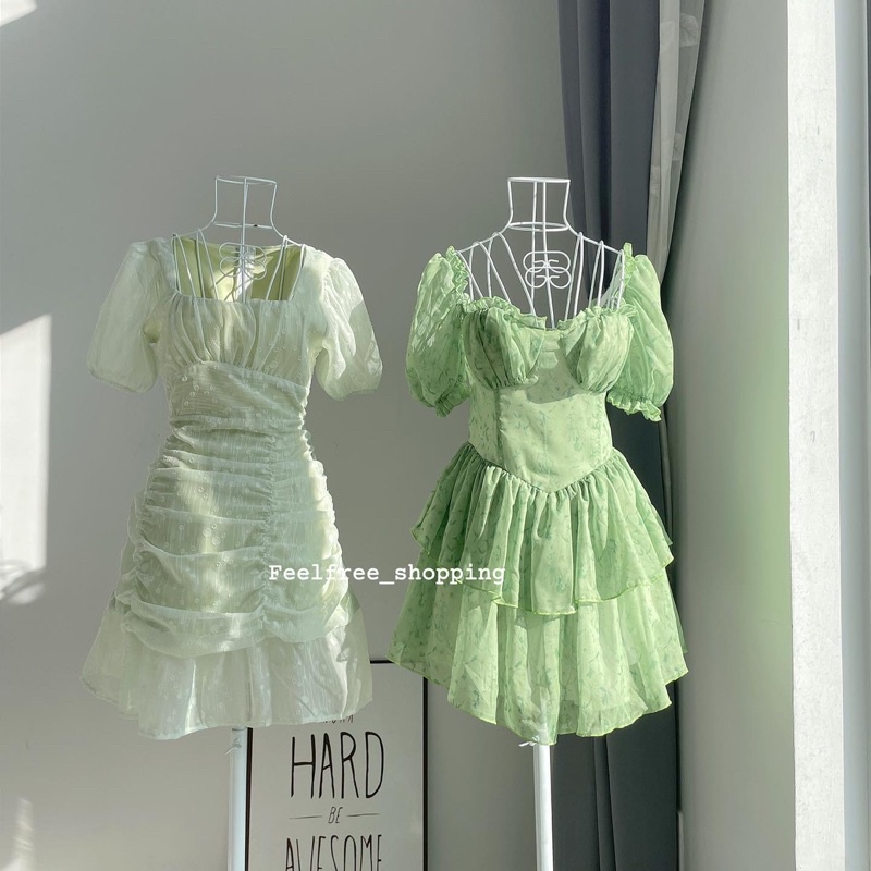 Đầm váy xanh lá feelfree nhạt hoa rơi 2 lớp nhún thân bèo mặc đi chơi,đi làm,du lịch, biển D059