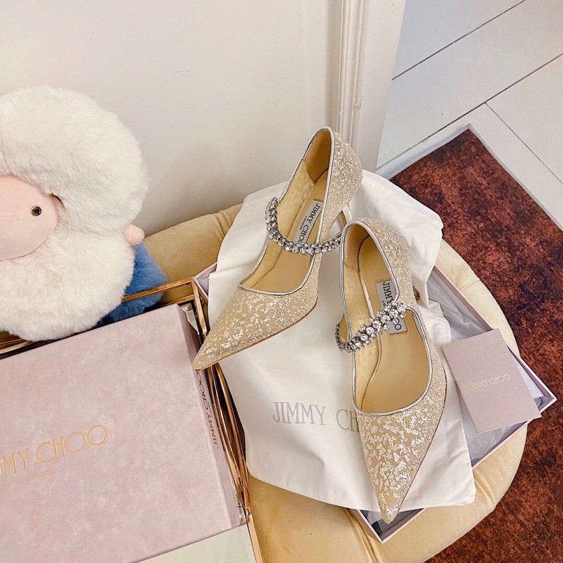 Giày cao gót mũi nhọn 8.5cm Jimmy Choo 2021 da thật cao cấp thiết kế có quai