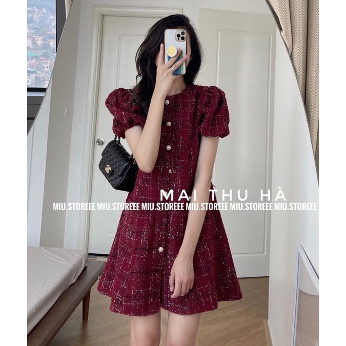 VÁY DẠ TWEED TAY BỒNG DÁNG XOÈ HÀNG ĐẸP