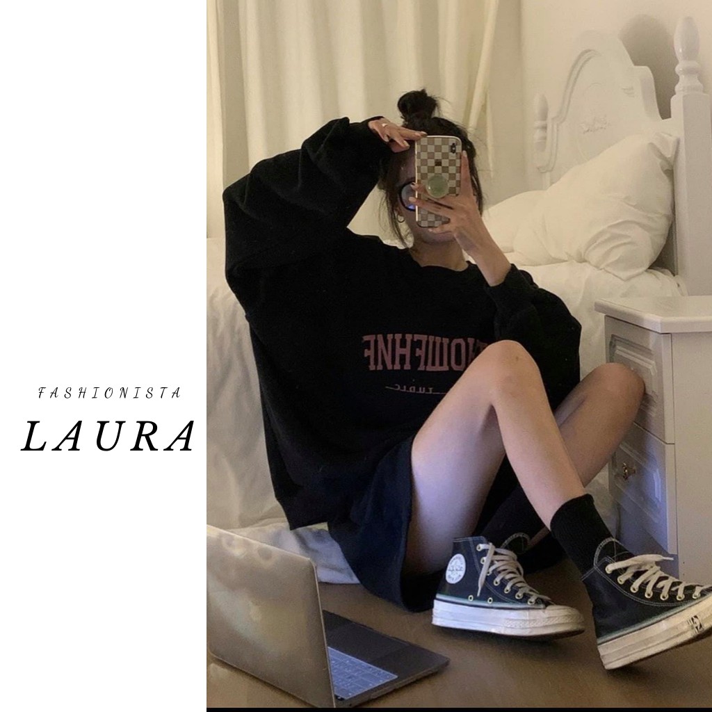 Set áo nỉ nữ dài tay kèm quần thụng chữ ngực Laura Boutique - Bộ đùi thụng dài tay dáng rộng chất nỉ ngoại