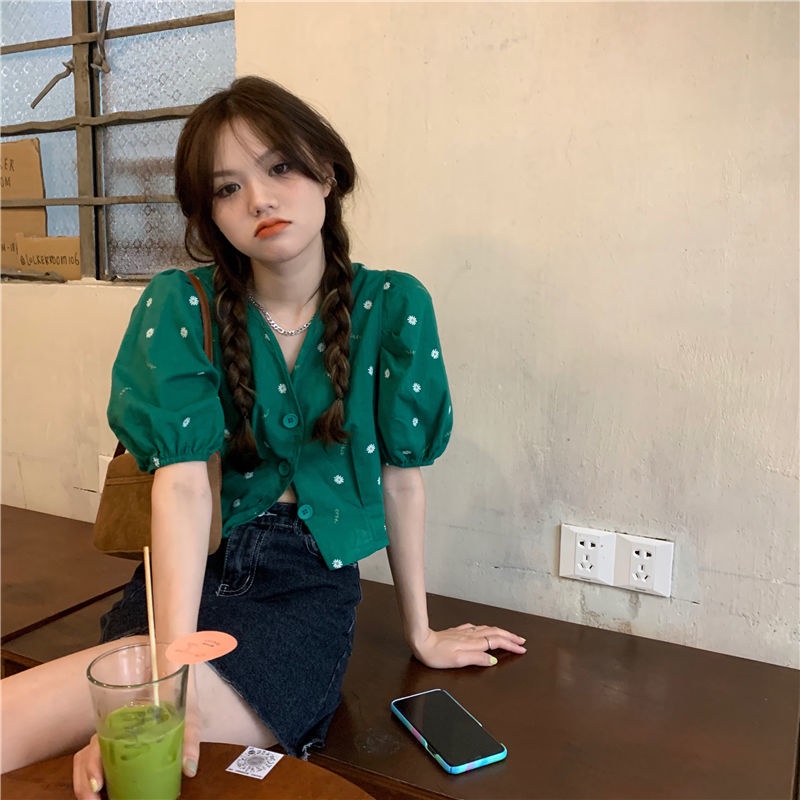 Áo Cardigan Tay Phồng Cổ Chữ V Họa Tiết Hoa Cúc Phong Cách Kiểu Pháp Cổ Điển Duyên Dáng