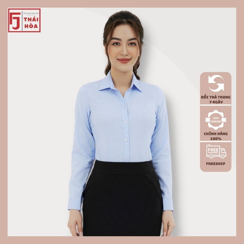 Áo sơ mi nữ Thái Hoà sợi tre dài tay công sở kẻ caro đẹp màu xanh da trời 720-11-01