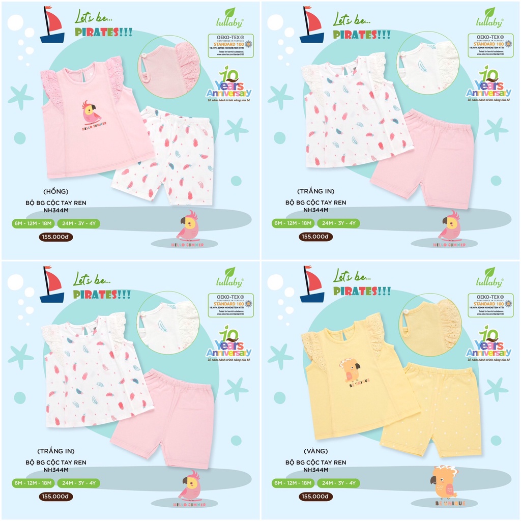 Bộ quần áo cộc tay sát nách cotton ren họa tiết bé gái Lullaby