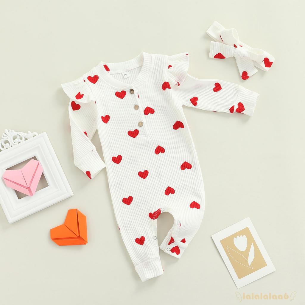 Áo liền quần dài tay cổ tròn in hình trái tim kèm băng đô thắt nơ màu hồng/trắng cho bé gái LAA6