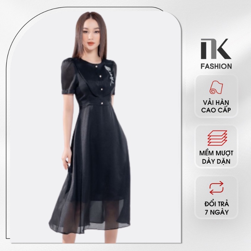 Váy Thiết Kế Nữ Dáng Xòe NK FASHION Thiết Kế Cổ Tròn Thêu Dập Ngực, Vải Hàn Cao Cấp NKDV2201004