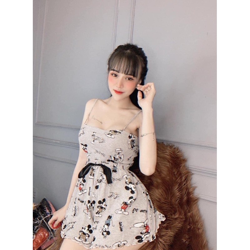 Set bộ Mickey áo 2 dây croptop quần xoè lưng cao tôn dáng hàng vnxk, hình thật | BigBuy360 - bigbuy360.vn
