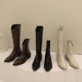 Sẵn trắng 39 boots da nữ cao cổ mũi nhọn gót 5cm