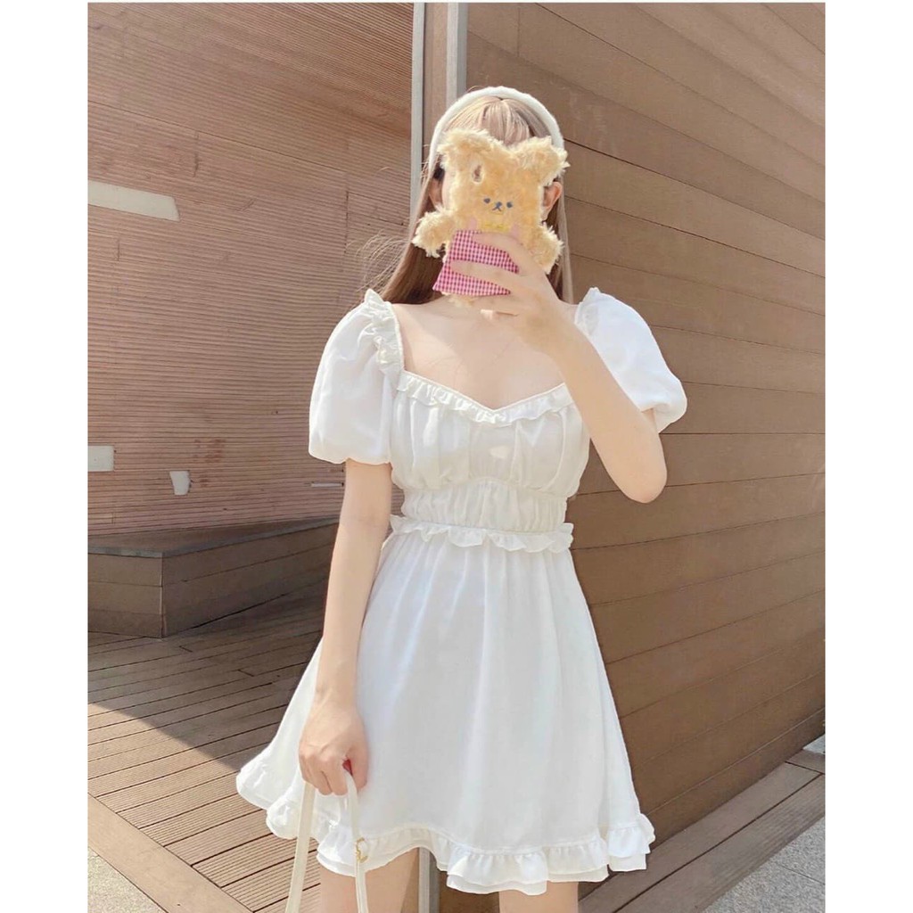 |SIÊU HOT|Đầm nữ trắng cổ tim viền bồng giá SIÊU RẺ | BigBuy360 - bigbuy360.vn