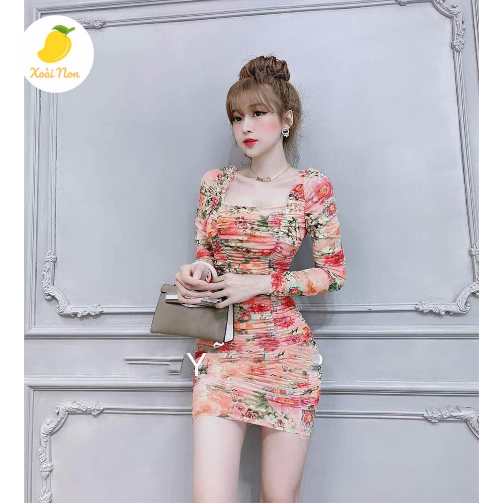 Xoài Non Đầm váy dáng ôm kiểu nhún họa tiết hoa hồng siêu xinh tôn dáng cho nàng thời trang dạo phố, dự tiệc