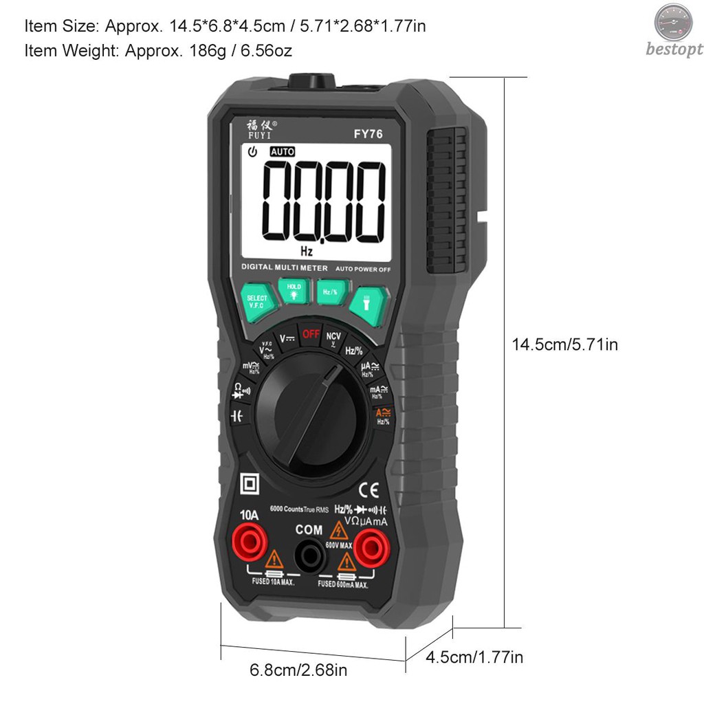 Đồng hồ vạn năng thông minh đếm 6000 AC DC điều chỉnh tự động thủ công VFC FY76 màu đen