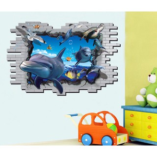 decal dán tường 3D hồ cá mập