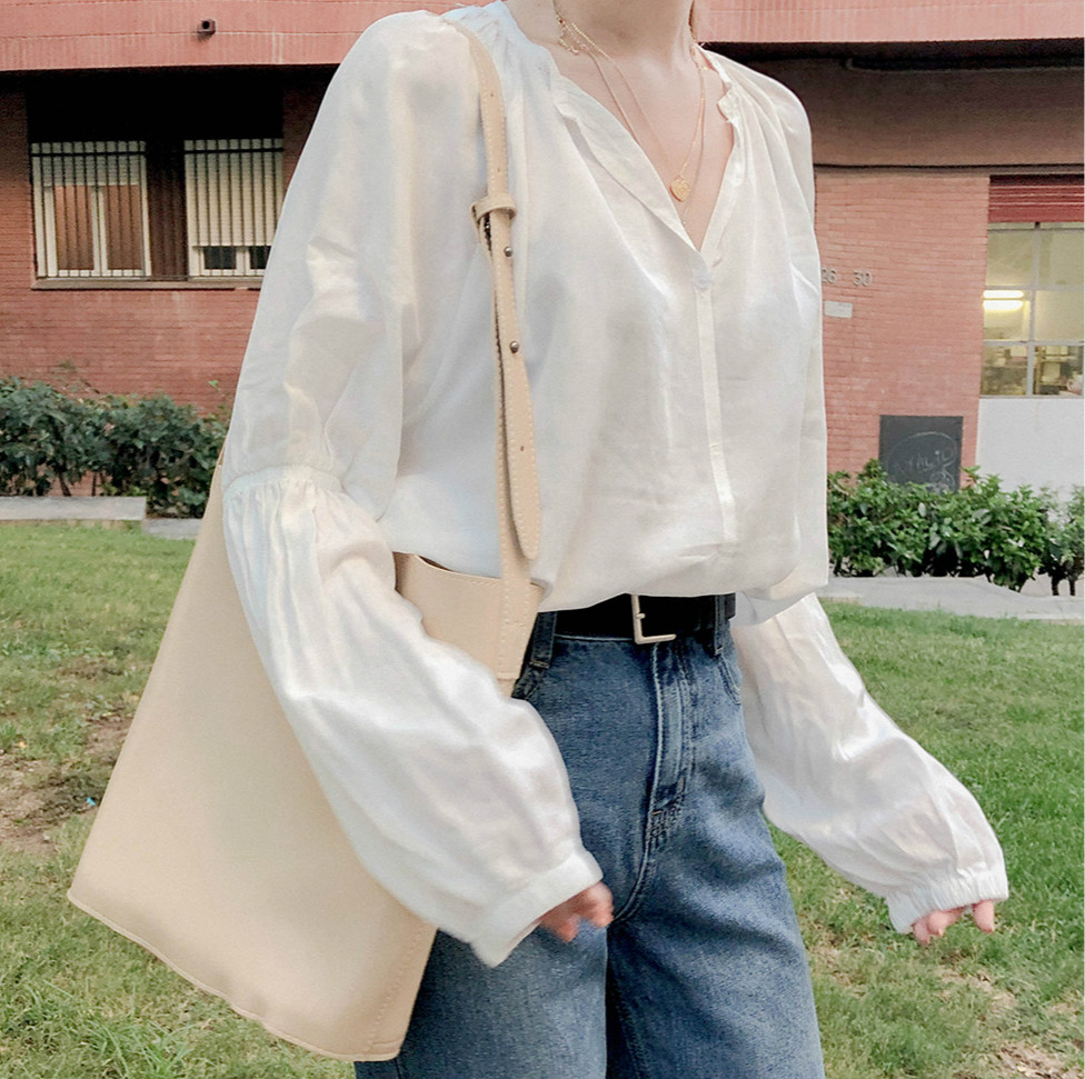 SUXI NEW Áo Kiểu Tay Dài Màu Trơn Thiết Kế Cổ Chữ V Thanh Lịch