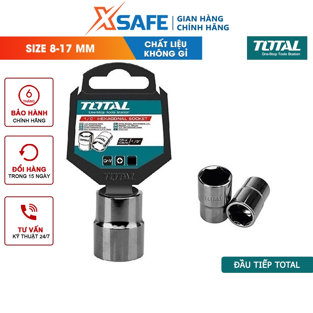Đầu tiếp 1/2 inch TOTAL Đầu tuýp lục giác kích thước đa dạng từ 8 - 17mm, chất liệu 50BV30, chịu nhiệt cao