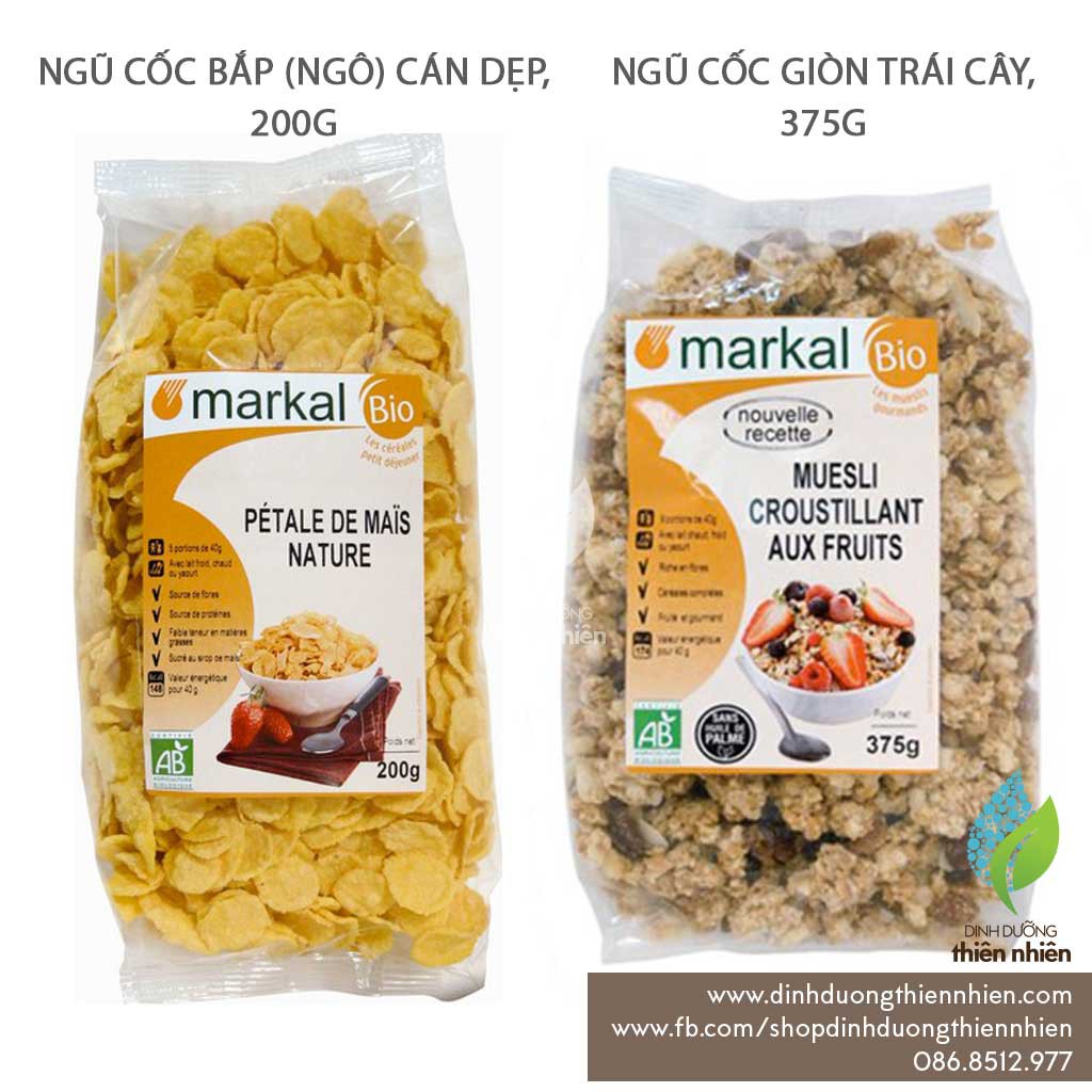 Ngũ Cốc Hữu Cơ Markal Bắp (Ngô) Cán Dẹp 200g - Ngũ Cốc Giòn Trái Cây 375g - Ngũ Cốc Chocolate 375g Markal Organic Cereal