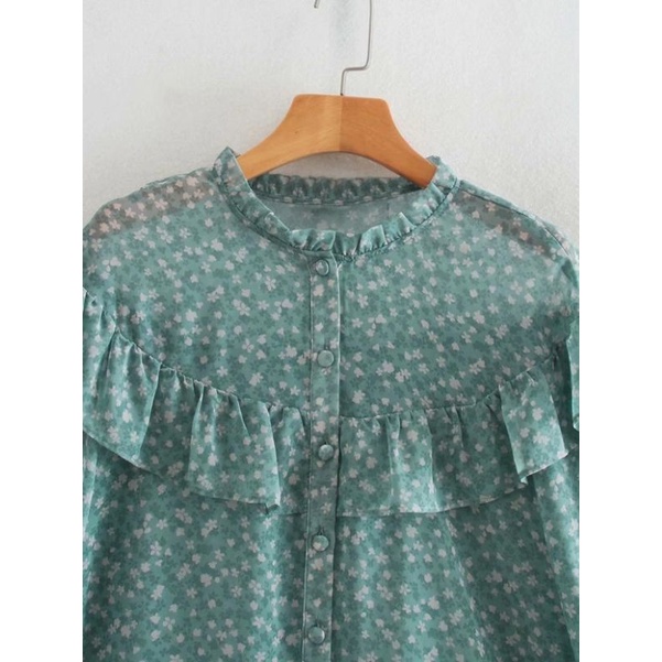 Áo kiểu sơ mi hoa voan bèo ngực túi zip